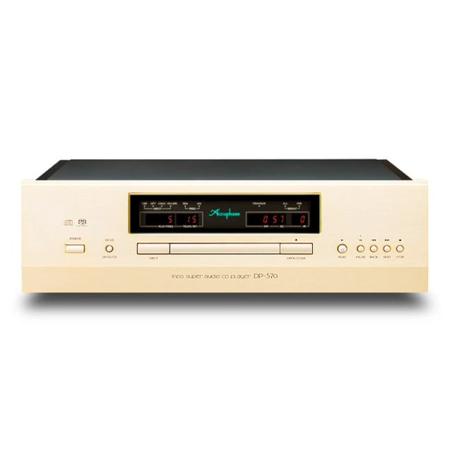 ACCUPHASE DP-570 SACD/CD PLAYER/DAC | VINYL SOUND USA Accuphase DP-570 SACD/CD Player/DAC Product & Specification Equipped with quiet and smooth disc loading, the high rigidity and low center of gravity of the SA-CD/CDdrive vastly improves readability, while the MDS+ type D/A converter with four parallel circuits accuratelyreads disc information and converts analog signals.