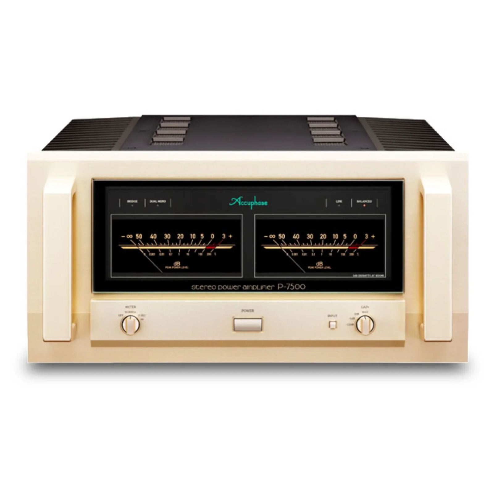 ACCUPHASE P-7500 POWER AMPLIFIER | VINYL SOUND USA Accuphase P-7500 Power Amplifier Product & Specification The P-7500 is our flagship model Class AB stereo power amplifier that provides supreme driving performance. The power amplification stage uses a 10-parallel push-pull power transistor architecture, providing a rated output power of 300 W / 8 ohms that vastly exceeds that of conventional models.