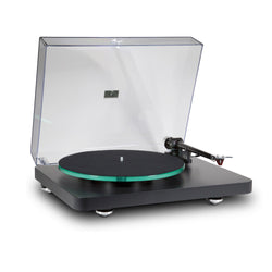 Front view of NAD C 588 Turntable highlighting its sleek design, carbon fiber tonearm, and Ortofon 2M Red cartridge. Shop now at Vinyl Sound Best Audio Store in Buffalo, New York, USA