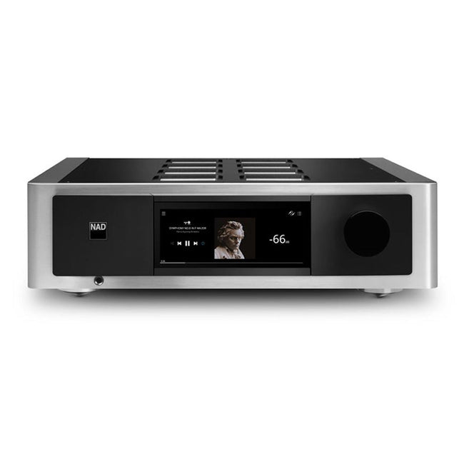 NAD M33 BLUOS STREAMING DAC AMPLIFIER - Front view of NAD M33 BluOS Streaming DAC Amplifier featuring a 7" touchscreen, volume knob, and sleek aluminum casing. Shop now at Vinyl Sound Best Audio Store in Buffalo, New York, USA