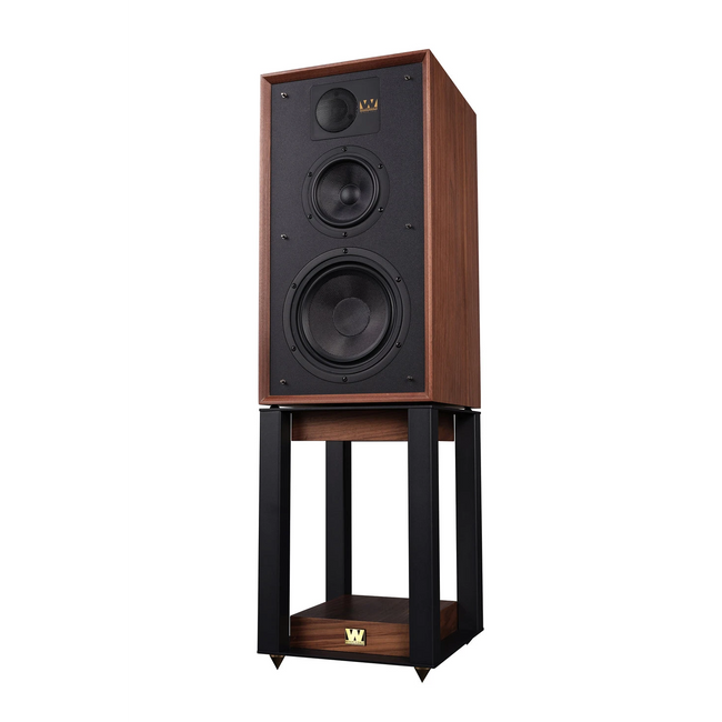 Front view of Wharfedale Linton Heritage speakers with matching stands, showcasing their classic design and real wood veneer finish. Shop Now at Vinyl Sound USA, Buffalo, New York!