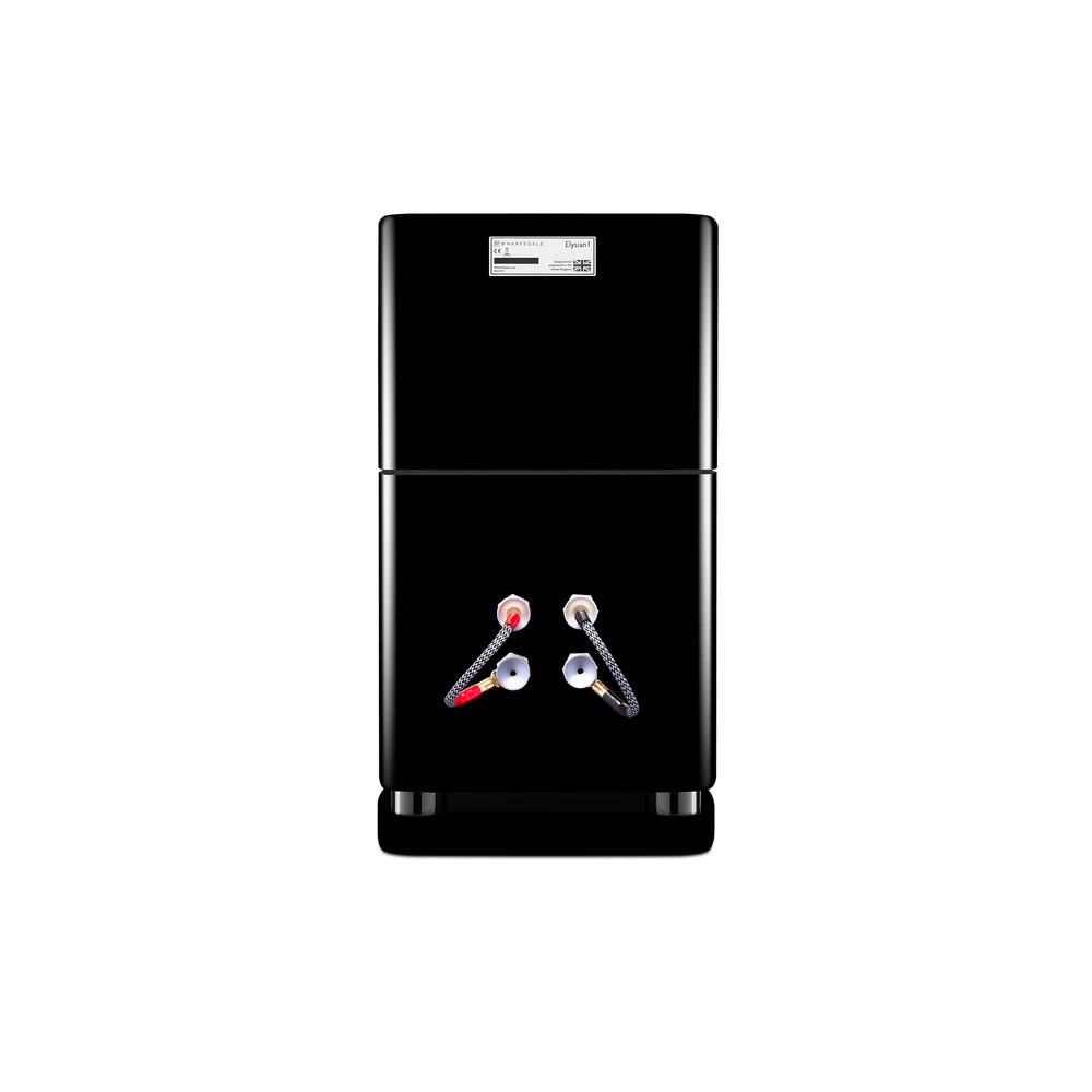 Rear panel of the Wharfedale Elysian 1 speakers, displaying the bass reflex port and dual five-way binding post terminals for bi-wiring and bi-amping. Shop Now at Vinyl Sound USA, Buffalo, New York!