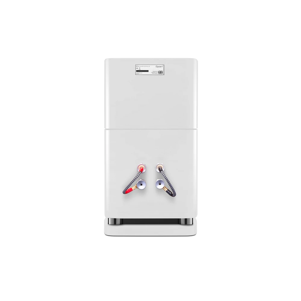 Rear panel of the Wharfedale Elysian 1 speakers, displaying the bass reflex port and dual five-way binding post terminals for bi-wiring and bi-amping. Shop Now at Vinyl Sound USA, Buffalo, New York!